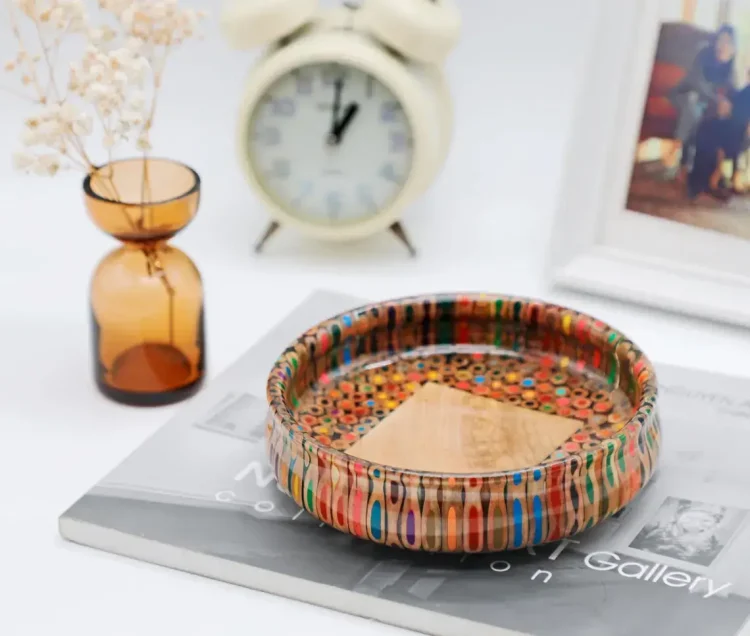 Multi Color Pencil Round Bowl - Handmade Wooden Core Clear Resin Bowl