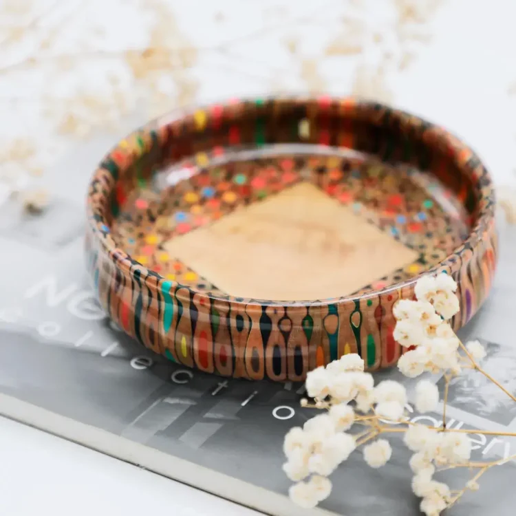 Multi Color Pencil Round Bowl - Handmade Wooden Core Clear Resin Bowl